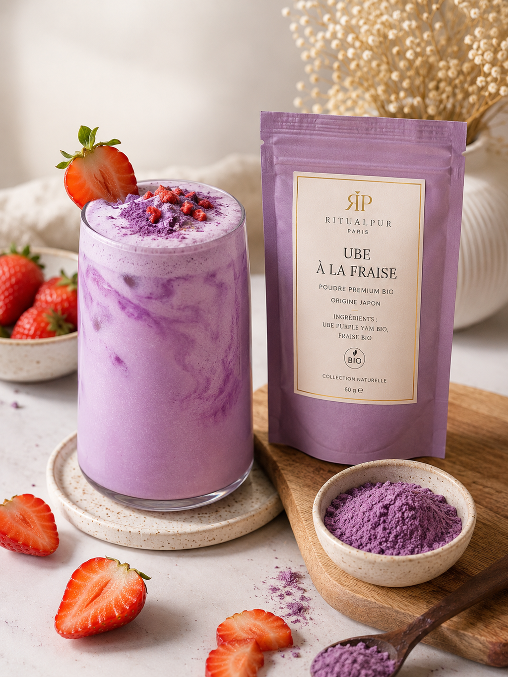 Poudre d'Ube à la Fraise Bio – Latte Violet Japonais | 60 g