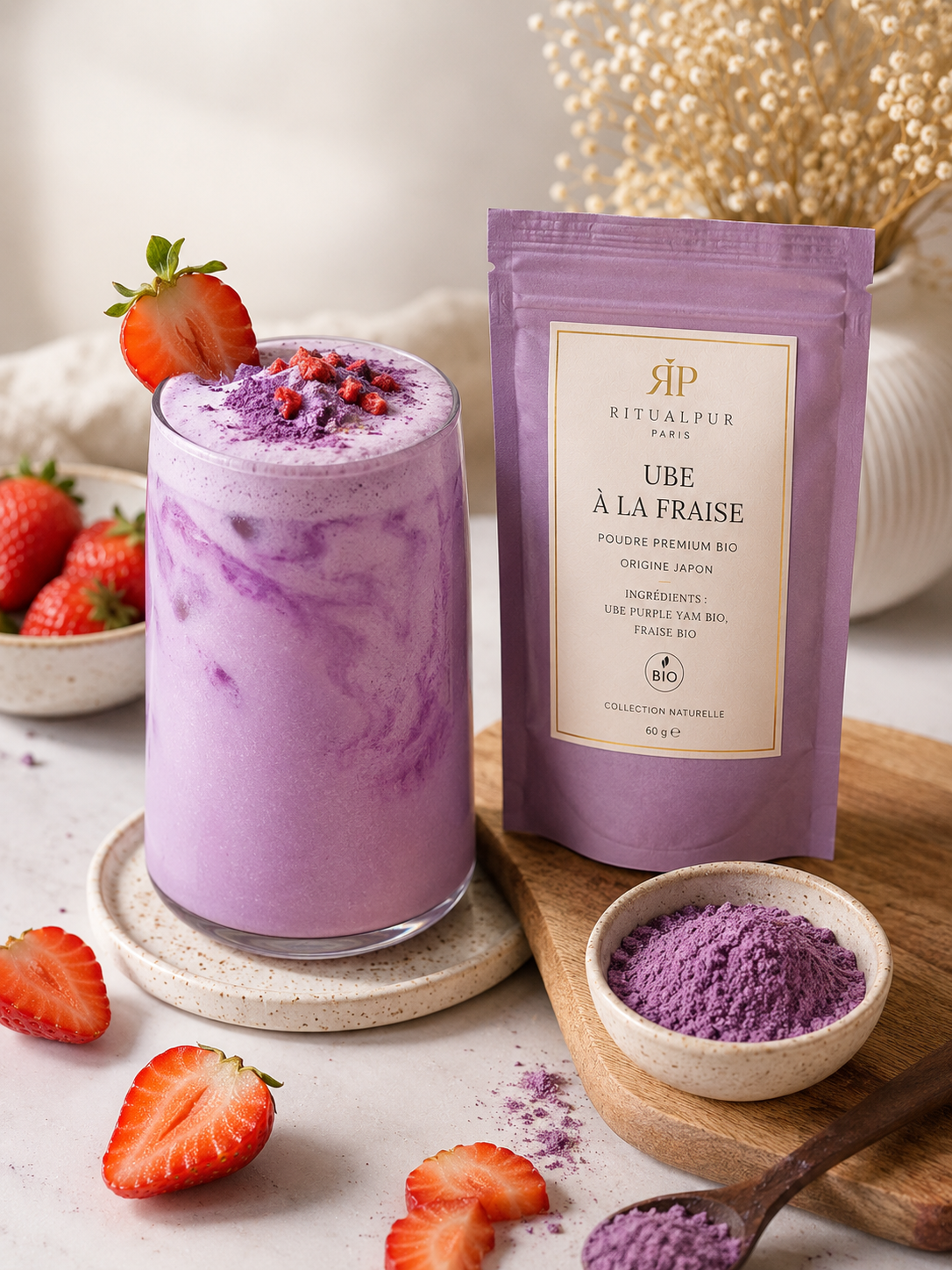 Poudre d'Ube à la Fraise Bio – Latte Violet Japonais | 60 g