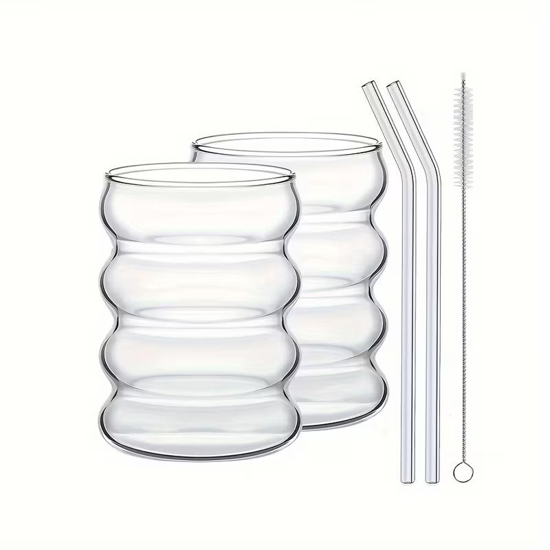 Tasses à Café en Verre Borosilicate avec Pailles | Forme Ondulée Vintage | Lot de 2 – 350ml