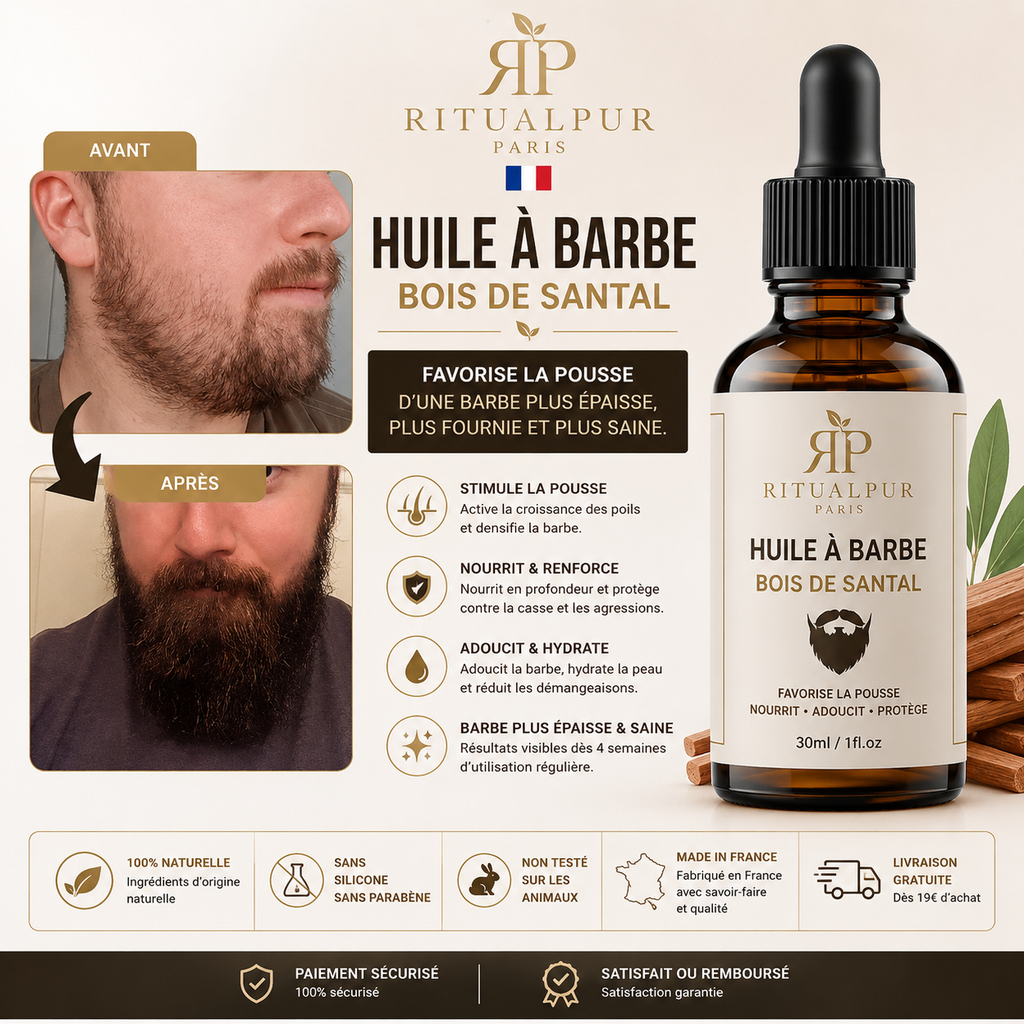 Huile à Barbe Bois de Santal – Soin Barbe 100% Bio | Ritual Pur Paris