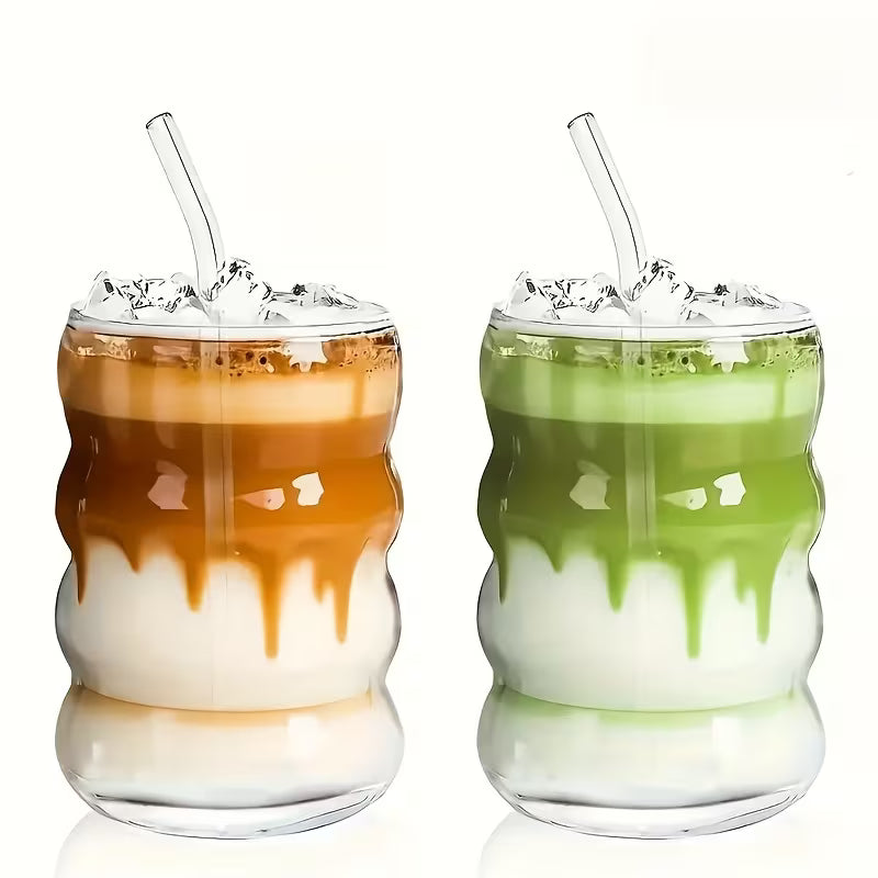 Tasses à Café en Verre Borosilicate avec Pailles | Forme Ondulée Vintage | Lot de 2 – 350ml