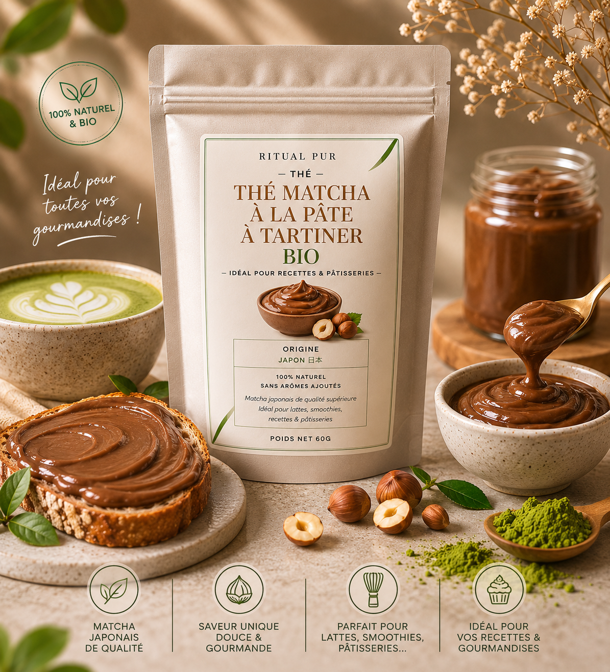 Matcha Pâte à Tartiner Bio – Latte Gourmand Japonais | 60 g