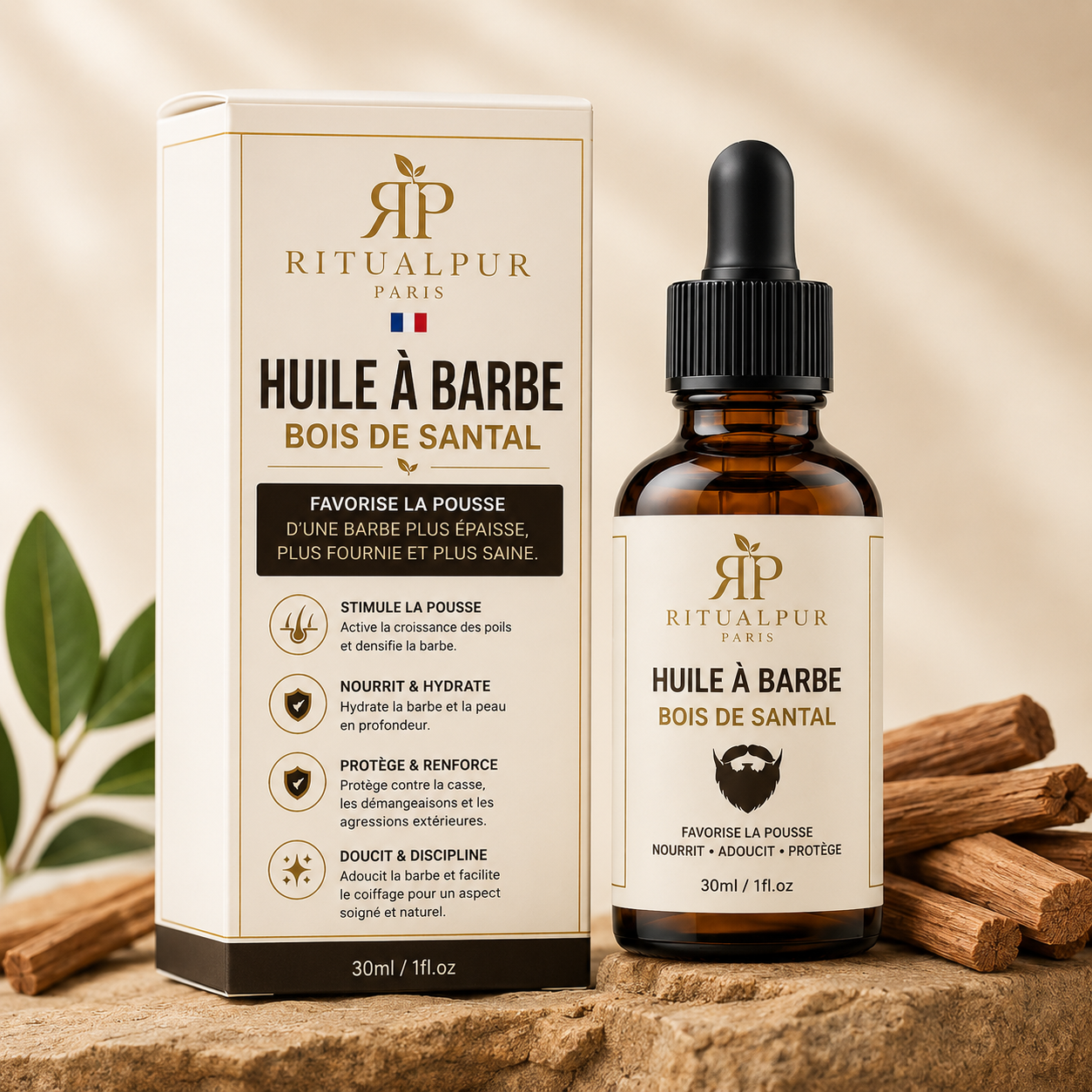 Huile à Barbe Bois de Santal – Soin Barbe 100% Bio | Ritual Pur Paris