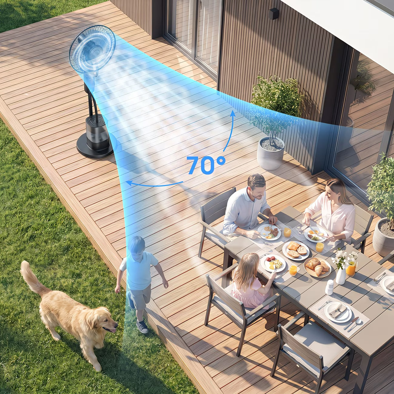 Ventilateur brumisateur – famille en terrasse